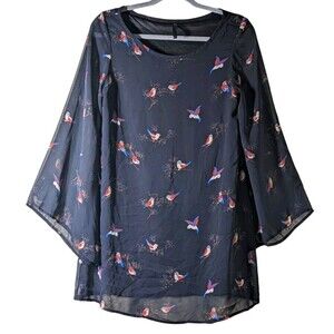 Moon B Womens S Black Sheer Lined Tunic Blouse Bird Pattern Dark